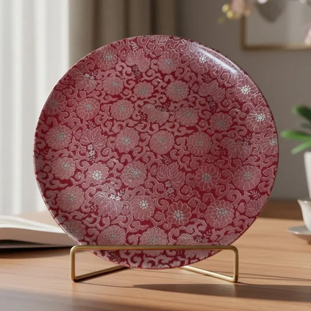 Vintage Silky Japan Red Gold Floral Brocade 12in Charger Platter Chinoiserie